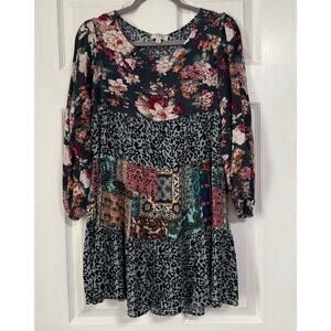 Umgee Women's Patchwork Mixed Print  Bohemian Mini Dress Size Medium